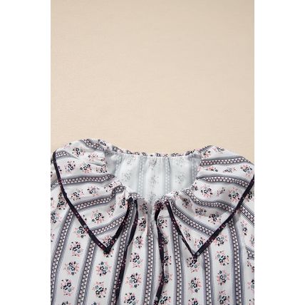 White Floral Ruffled Collar Short Puff Sleeve Printed Blouse