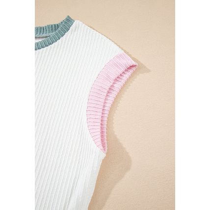 White Color Block Corded Knit Crew Neck Tee