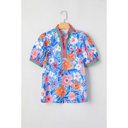 Sky Blue Floral Colorblock Edge Puff Sleeve Split Neck Blouse