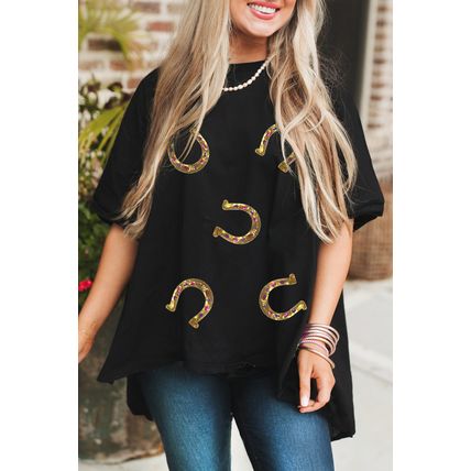 Black Western Shiny Horseshoes Pattern High Low Hem Casual T Shirt