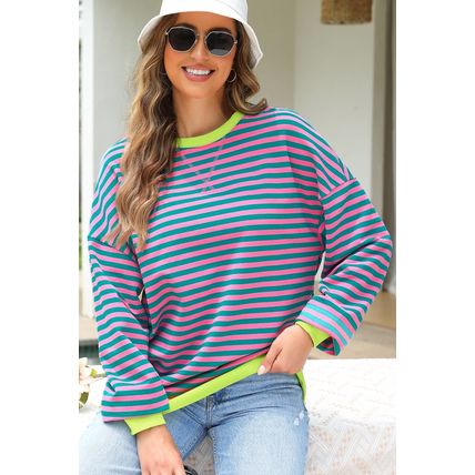 Rose Stripe Contrast Ribbed Trim Crossed Stitch Drop Shoulder Sweatshirt