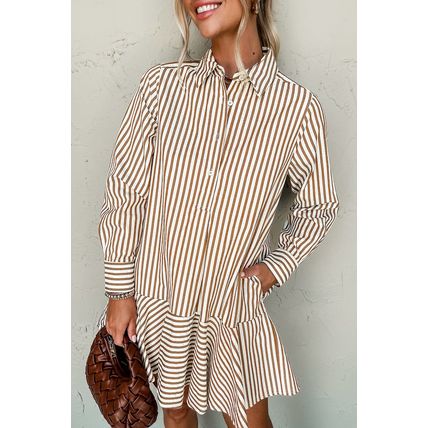 Brown Stripe Ruffled Hem Collared Long Sleeve Shirt Mini Dress