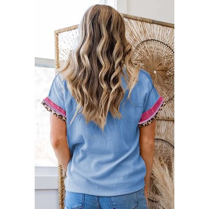 Sky Blue Leopard Patchwork Corded Knit Crew Neck T Shirt