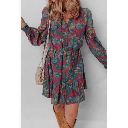Green Floral Friled V Neck Puff Sleeve Ruffled Shirt Dress