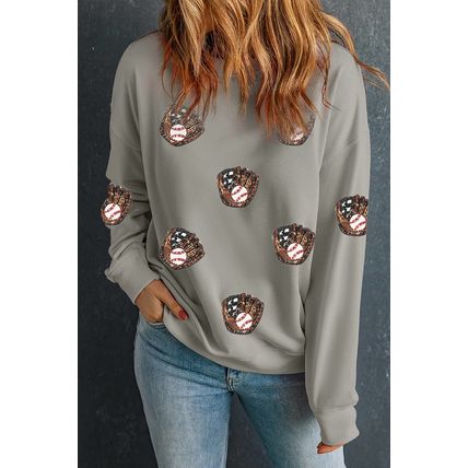 Gray Sequin Baseball Patched Casual Sweatshirt