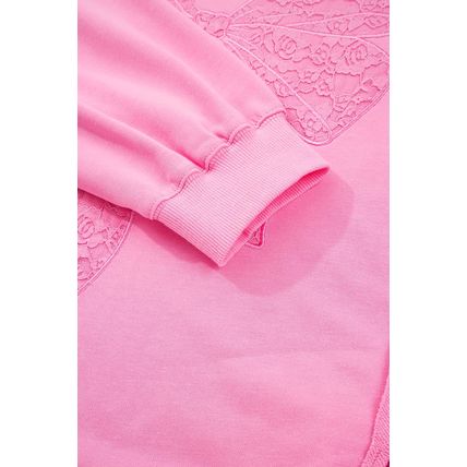 Pink Big Bow Lace Embroidered Dolman Sleeve Slit Plus Size Sweatshirt
