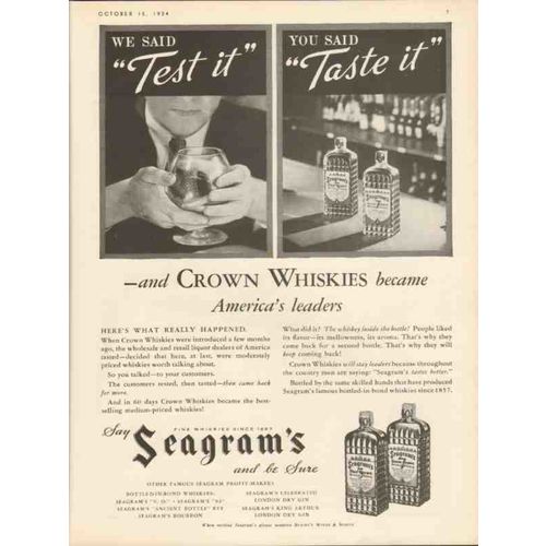 seagrams distillers 1934 crown whiskies americas leaders vintage ad