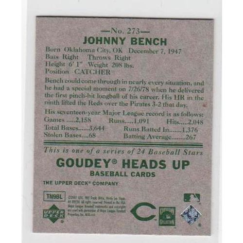 2007 Upper Deck Goudey Heads Up Johnny Bench card #273 – HOF Reds