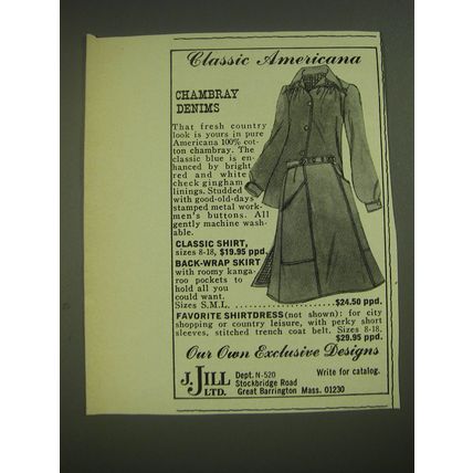 1974 J. Jill Shirt and Skirt Advertisement - Classic Americana Chambray Denims