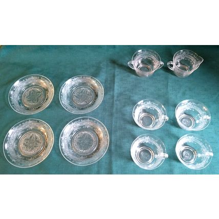 Macbeth Evans 1930's "S" Pattern Stippled Rose Band Clear Crystal Tea Set 10 Pc.