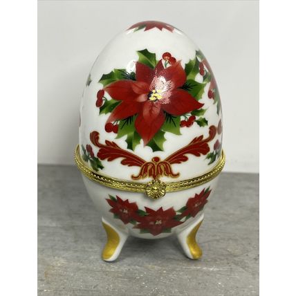Porcelain Painted Floral Egg Footed Trinket Box Collectible Vintage Display