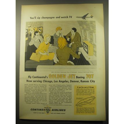 1959 Continental Airlines Ad - You'll sip champagne and watch TV
