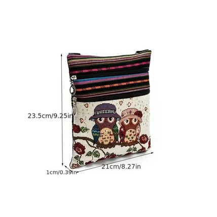 Colourful Adjustable Embroidered Owl Crossbody Dual Pocket Bag *UK Seller*