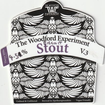 UNUSED PUMP CLIP FRONT - THREE HILLS BREWERY - THE WOODFORD EXPERIMENT STOUT