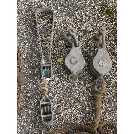 Collection of Large Vintage Metal Pulleys & Chains /Rope decoration hoist winch