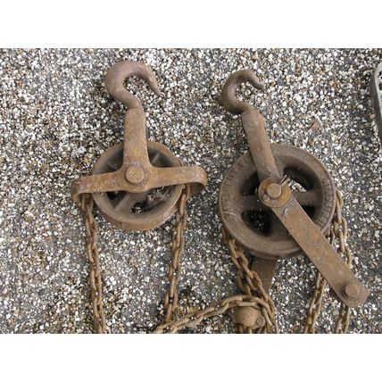 Collection of Large Vintage Metal Pulleys & Chains /Rope decoration hoist winch