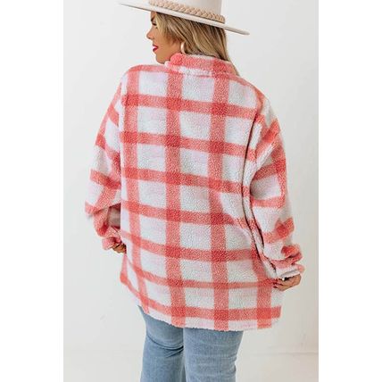 Pink Plus Size Tunic Plaid Sherpa Henley Sweatshirt