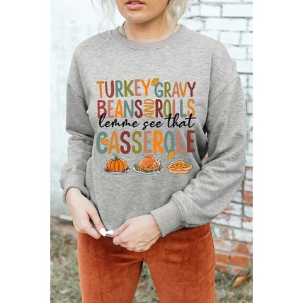 Gray Thanksgiving Slogan Pumpkin Turkey Pie Graphic Sweatshirt