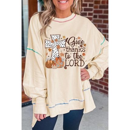 White Give Thanks to the LORD Graphic High Low Hem Loose Sweatshirt