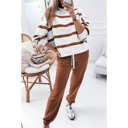 Brown Stripe Striped Drop Shoulder Pullover and Jogger Pants Set