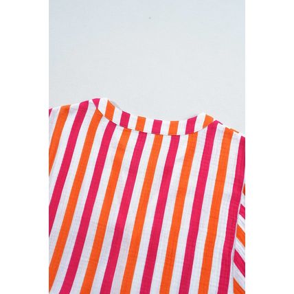 Orange Stripe Balloon Sleeve Notched V Neck Buttoned Front Blouse