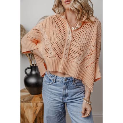 Apricot Pink Hollowed Knit 3/4 Dolman Sleeve Buttoned Collared Sweater