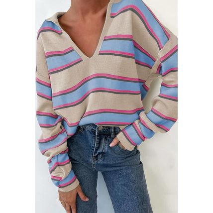 Apricot Stripe Collared V Neck Drop Shoulder Loose Sweater