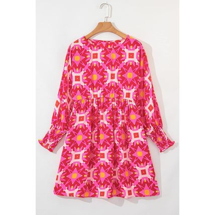 Strawberry Pink Geometric Print Smocked Long Sleeve Mini Dress
