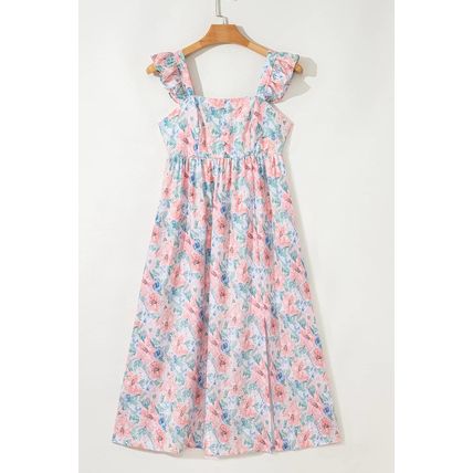Pink Floral Print Square Neck Backless Long Dress with Slit