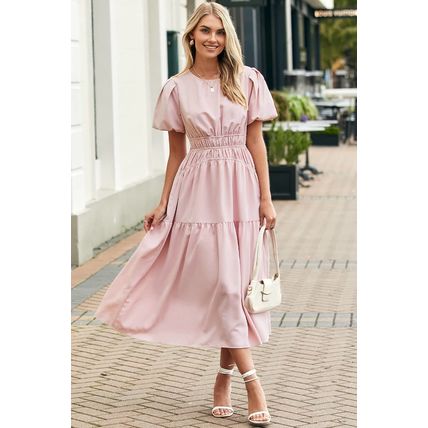 Pink Puff Sleeve Pleated High Waist Flowy Midi Dress