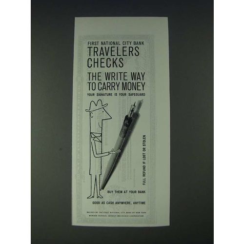 1958 First National City Bank Travelers Checks Ad