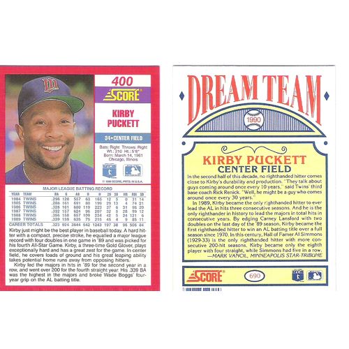 Two 1990 Score baseball Kirby Puckett cards – 400, 690 –NM – Twins
