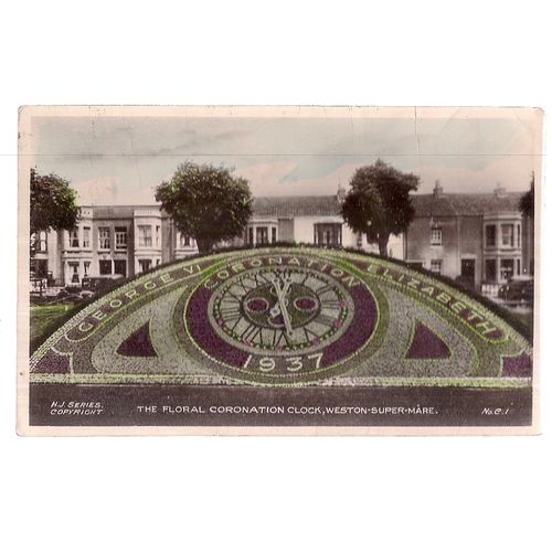 1937 FLORAL CORONATION CLOCK, WESTON-SUPER-MARE, SOMERSET unused postcard =