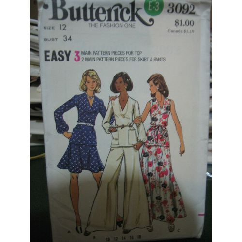 Vintage Butterick 3092 Misses Skirt, Top & Pants Pattern - Size 16 Bust 34