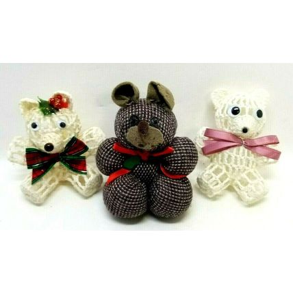 Vintage Lot of 2 Crochet starch Bears & 1 Stuff Bear Small Christmas Craft (G8)