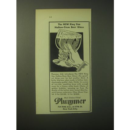 1948 Plummer Ltd King Size Hollow-stem Beer Glass Advertisement