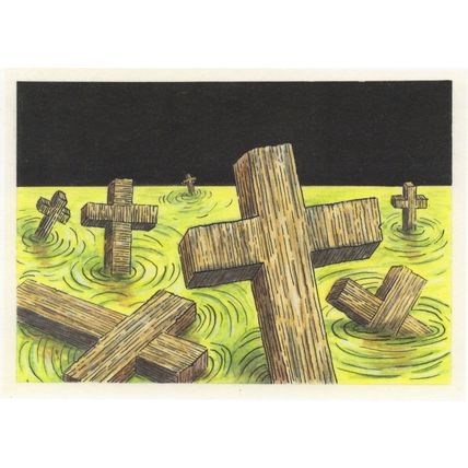 Justin Virdi River Crossing Floating Wooden Cross Painting Postcard