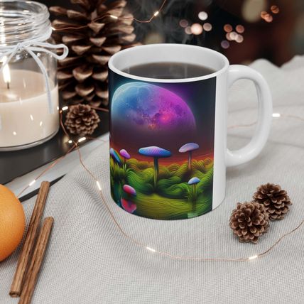 Lunar Moon Scene Toadstools and Lillies #6 Mug Ceramic Coffee Mug 11oz