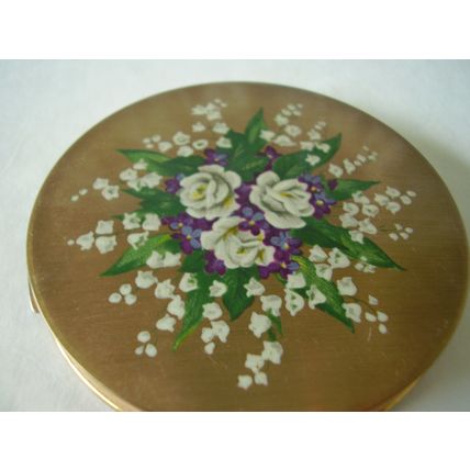 Vintage Stratton Powder Compact Flowers Rose Violet Valley-Lily 1950's In Hand