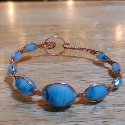 Handmade Baby Blue Glass Bead Copper Wire Bracelet (Upcycled Beads)