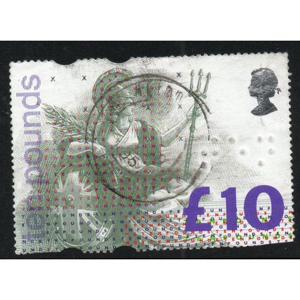 Sg1658c (F) £10 Britannia plate 2 good used trimmed perfs (bsc )