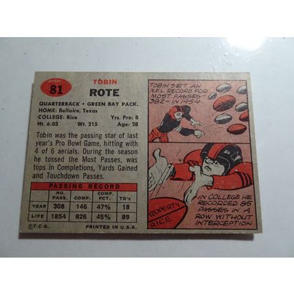 1957 Topps Football Card # 081 Tobin Rote Very Good (3) Green Bay Packers