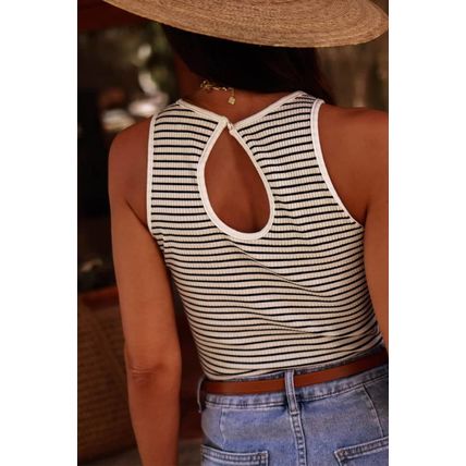 White Striped Print Ribbed Knit Sleeveless Top