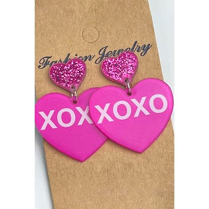 Rose Red Valentine XOXO Print Double Heart Shape Earrings