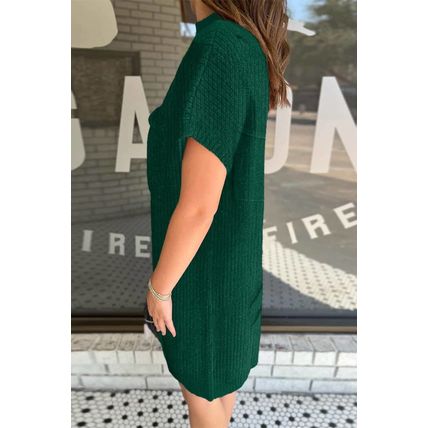 Blackish Green Patch Pocket Ribbed Knit Short Sleeve Sweater Dress