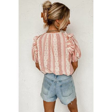 Red Frilled Short Puff Sleeve Mixed Print Blouse