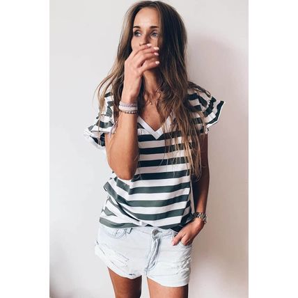 Sea Green Striped V Neck Ruffle Sleeve Top