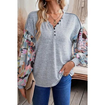 Gray Floral Lantern Sleeve Patchwork Buttoned V Neck Top