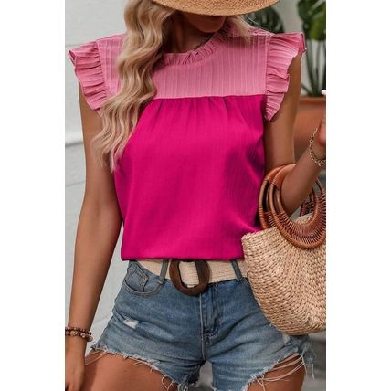 Rose Red Two Tone Ruffled Flutter Sleeve Blouse