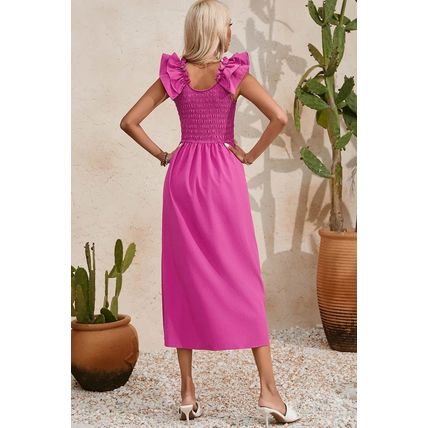 Rose Red Solid Color Ruffled Straps Smocked Ruched Maxi Dress